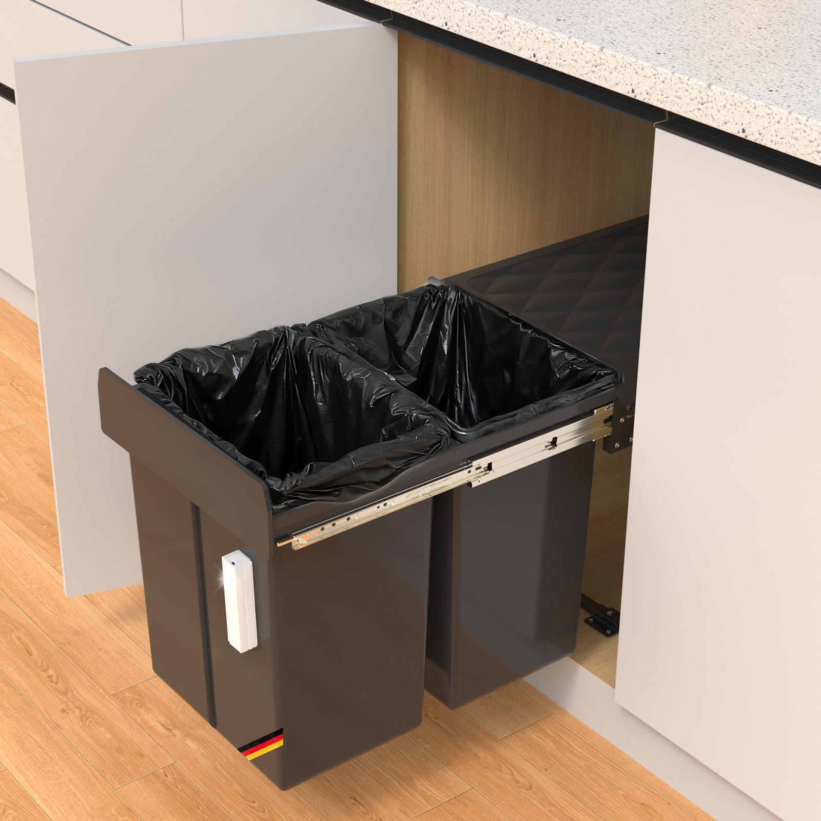 Huracan Mülleimer Küche Unterschrank Ausziehbar 40L, Mülleimer 2 Fächer, Mülltrennsystem Küche, Einbaumülleimer, Abfallsammler für Küchenschrank, Herausnehmbare Eimer, Platzsparend, Schwarz