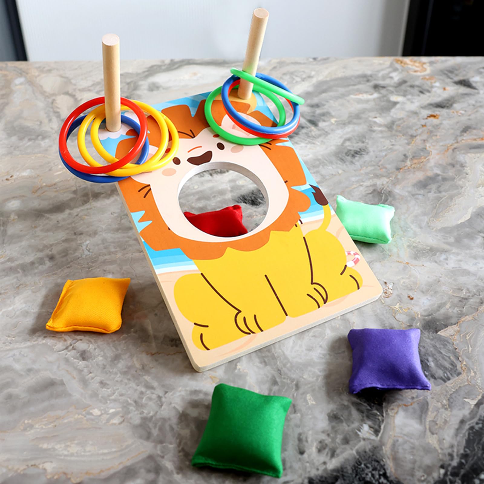 Jeu 2 en 1 Cornhole et Lancer d'anneaux en Bois, Lancer de Sacs, Jeu intérieur extérieur pour Enfants dès 3 Ans, Jouet Montessori pour fêtes familiales et Coordination Main-œil