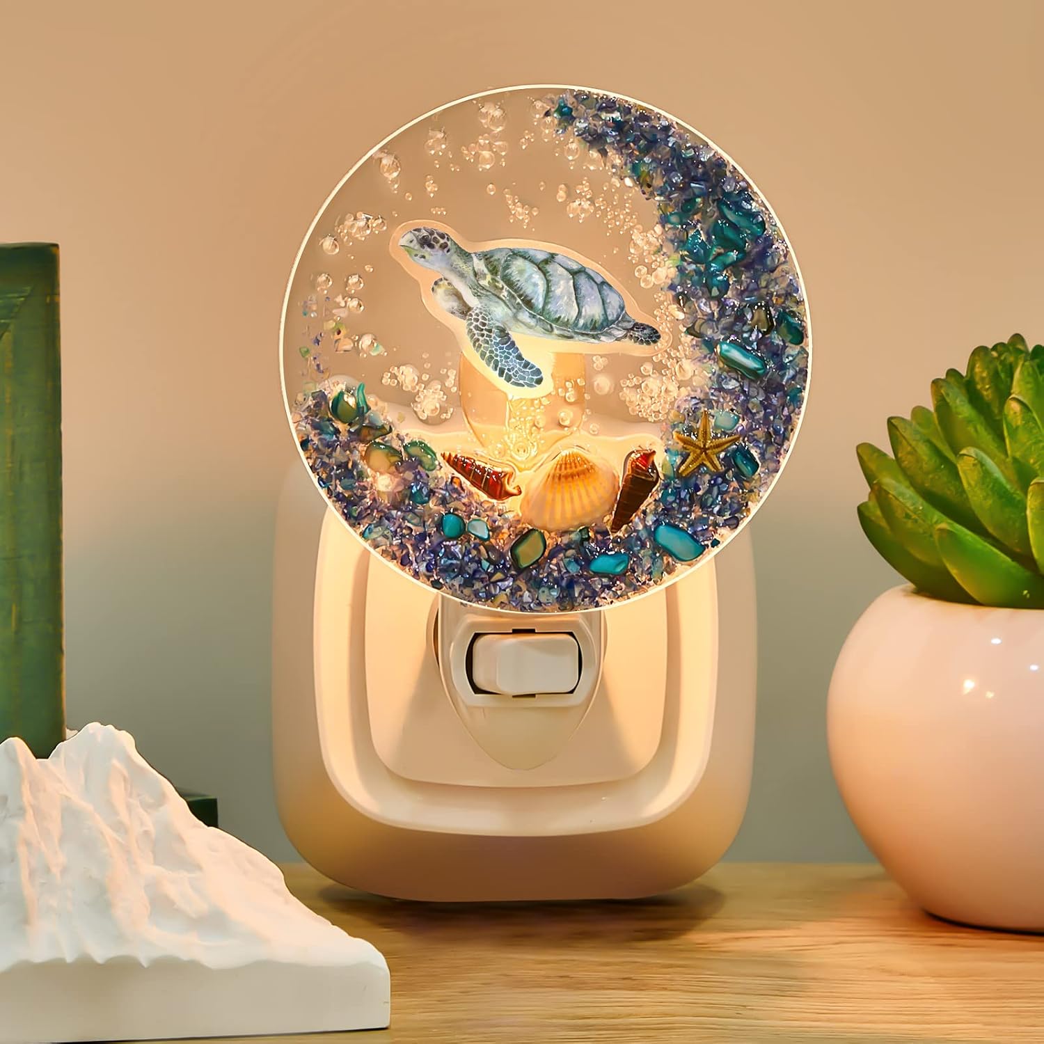 Hortsun Plug in Seashell Night Light Ocean Sea Animal Decorative Night Light Plug in Beach Lamps Vintage Ocean Lamps for Adult for Home Bedroom Living Room Bathroom Wall (Sea Turtle)