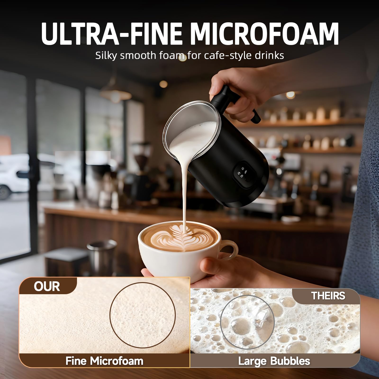 Liksiy Montalatte e vaporizzatore, 4 in 1, montalatte elettrico per schiuma calda e fredda, montalatte silenzioso e scaldavivande per latte, cappuccino e macchiato, nero