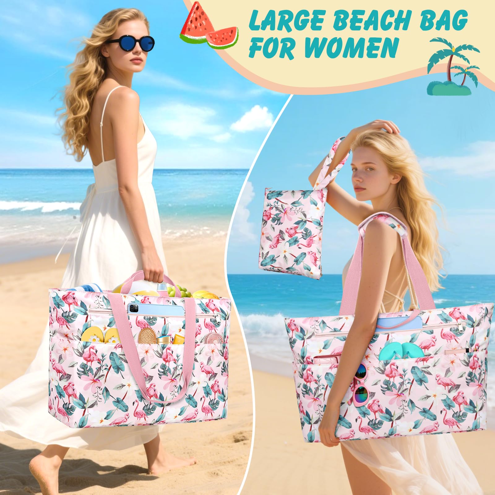 Bolsa Playa Mujer Grande Xxl Familiar Bolsos Playa Con Cremallera Beach Bag Plegable Bolsa Viaje Ligero Tote Bag Mujer Para Playa, Viajes, Picnic. 50L
