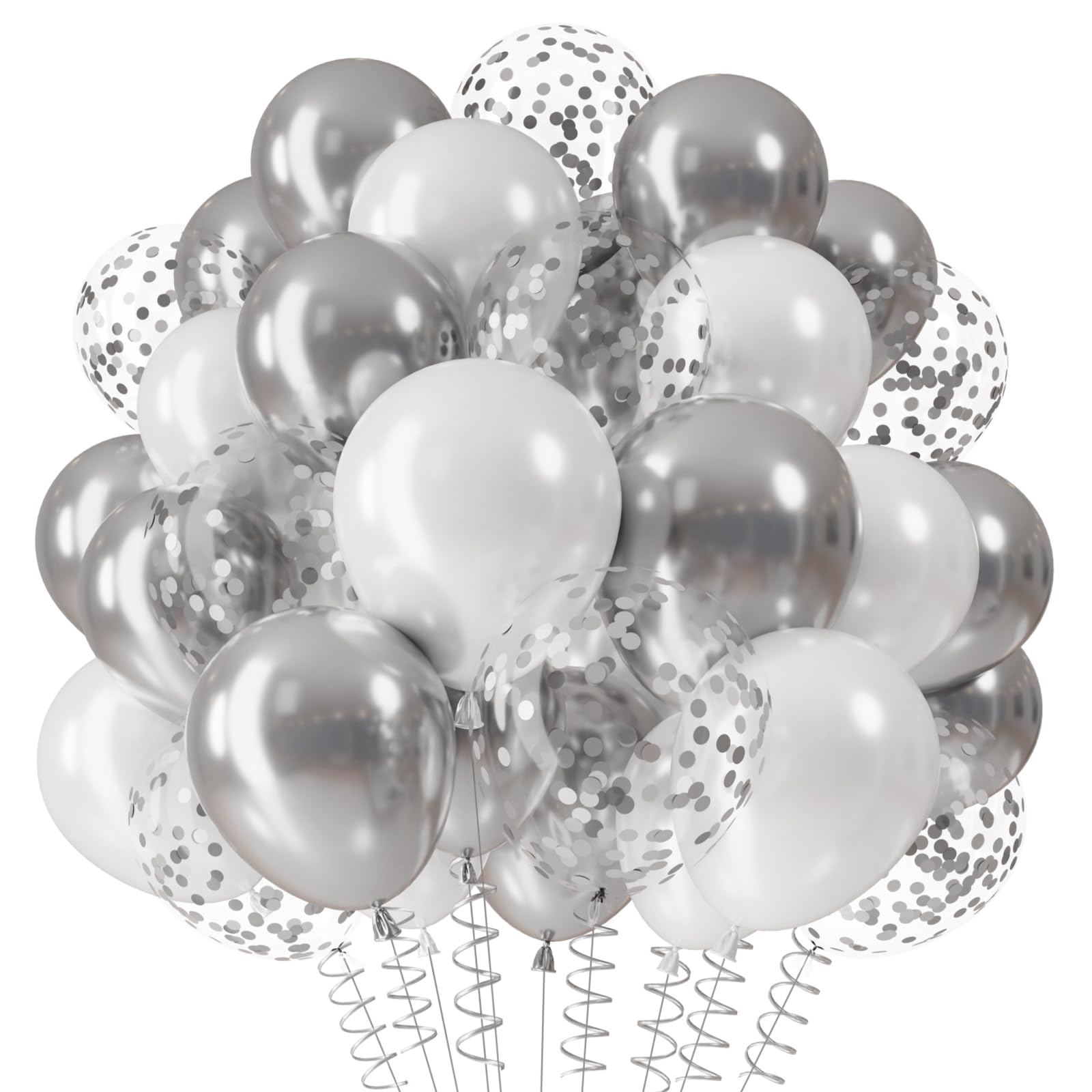 QIFU White and Silver Balloons - 12 inch Metallic Silver and White Balloon Confetti Balloon Helium Latex Balloons with Ribbon for Birthday Decorations Graduation Prom 2026 Silver Wedding Anniversary — image 1