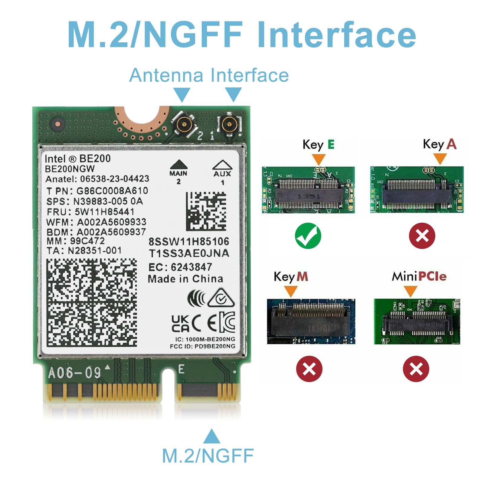 Carte WiFi 7 BE200NGW pour PC Portable, Module M.2/NGFF Key E Intel BE200, Tri-Bande 2,4GHz/5GHz/6GHz Jusqu’à 5,8 Gbps, Bluetooth 5.4, WiFi 7 320MHz, Compatible Windows 11/10 64 Bits, Linux