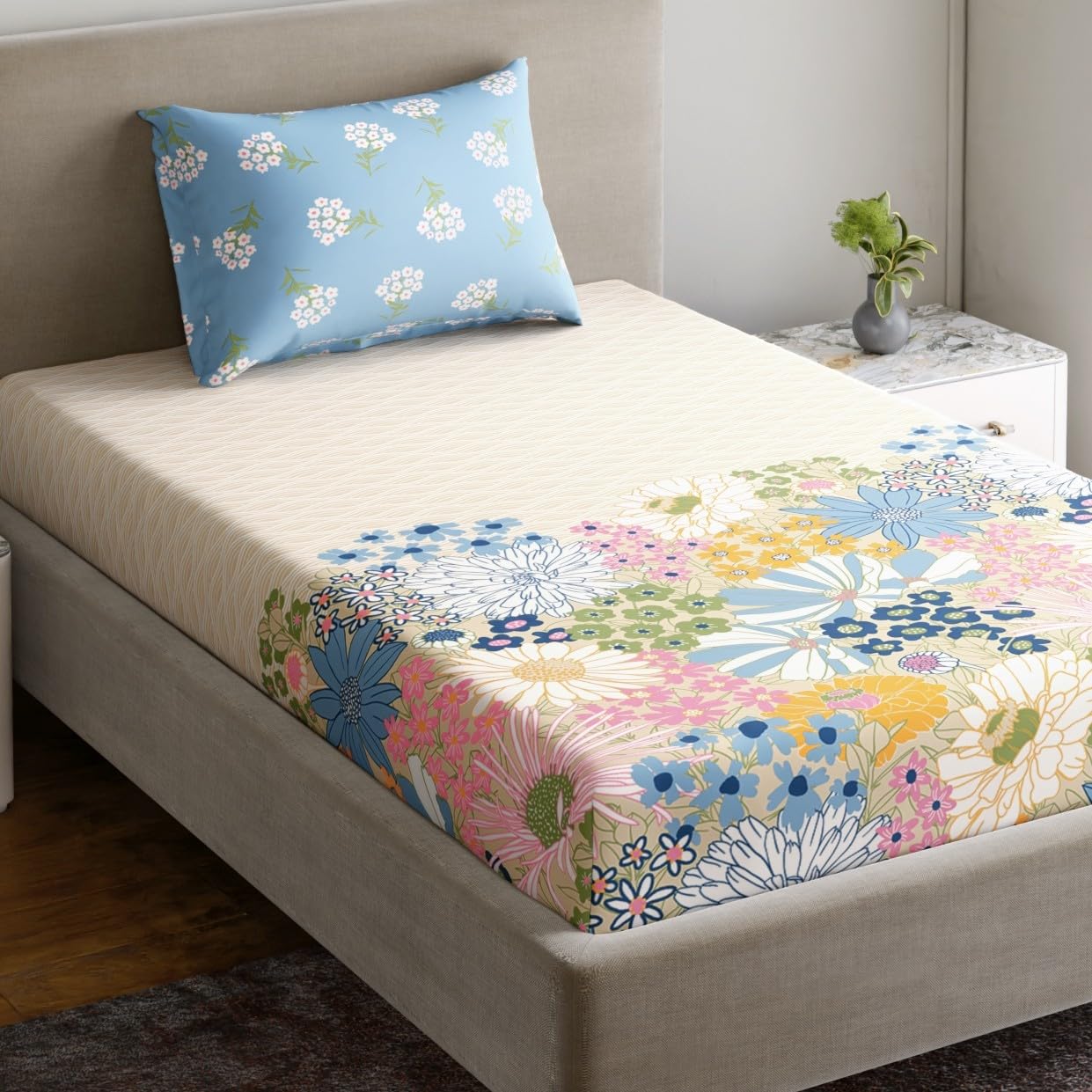 Home Ecstasy 100% Cotton Single Bedsheet with 1 Pillow Cover - (Size 59 x 87 inches, 140 TC, Colour - Light Blue)-image-5