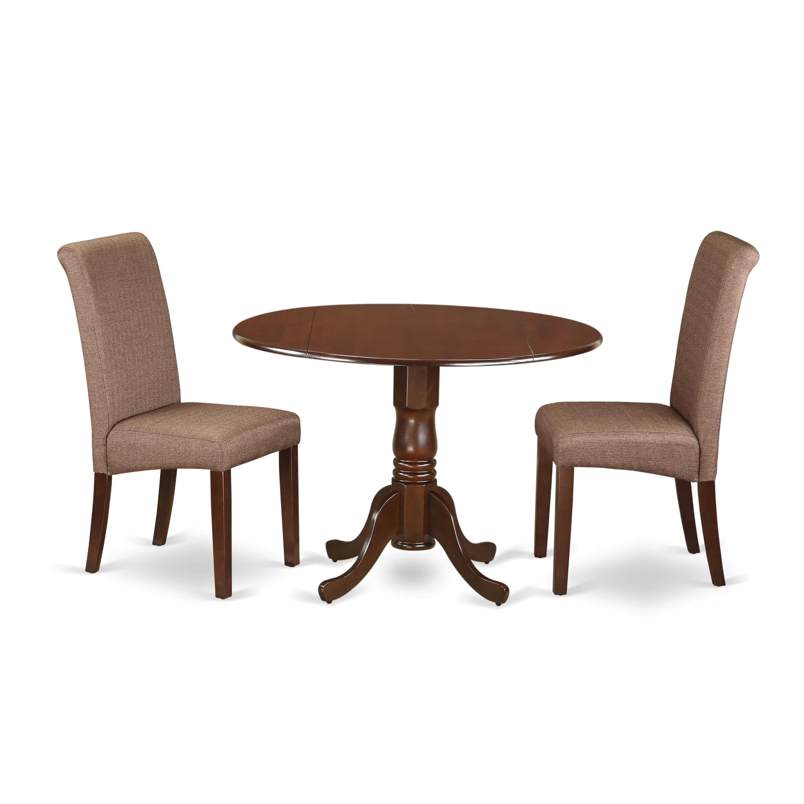 East West Furniture DLBA3-MAH-18 3 Piece Modern Dining Table Set Contains a Round Wooden Table with Dropleaf and 2 Brown Linen Linen Fabric Parsons Dining Chairs, 42x42 Inch, Mahogany