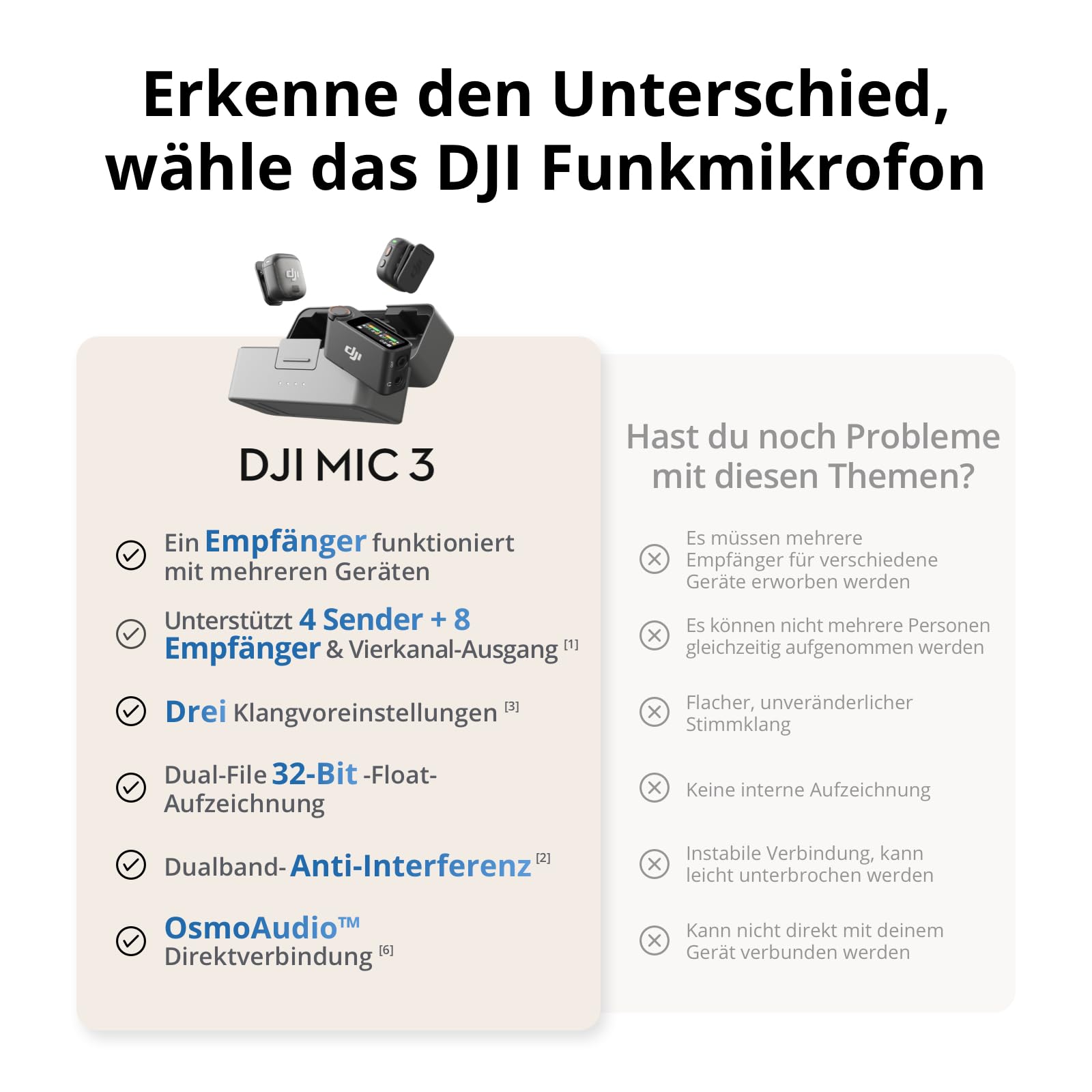 DJI Mic 3 (2 Sender + 1 Empfänger + Ladeschale), Funkmikrofon für iPhone/Kamera/Android, Ultraleicht, Adaptive Gain-Steuerung für ausgewogene Lautstärke, 28 Std. Nutzung, Vlog