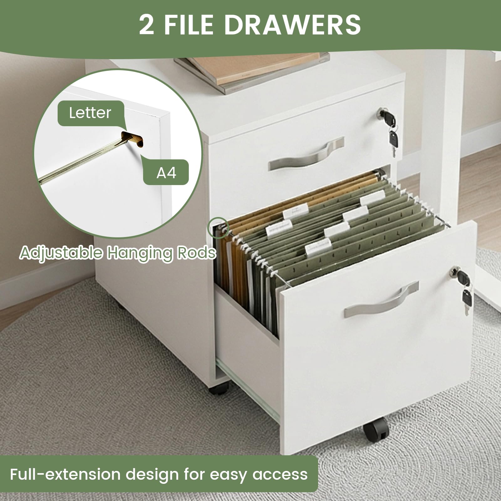 Caisson de Rangement, Meuble Bureau à 5 roulettes, 2 Tiroirs, Verrouillable Meuble sous Bureau 53.5 cm Hauteur, Blanc