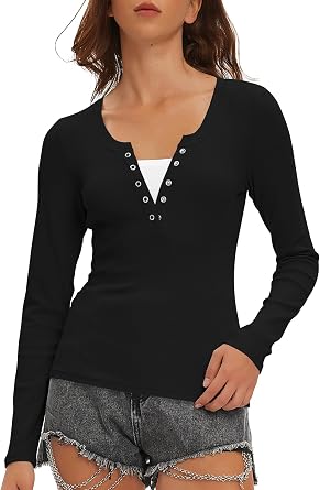 Beaully Womens Long Sleeve Henley Tops Ribbed Knit Slim Fitted Trendy T Shirt Basic Tees Layer 2026 Spring Fashion Outfits