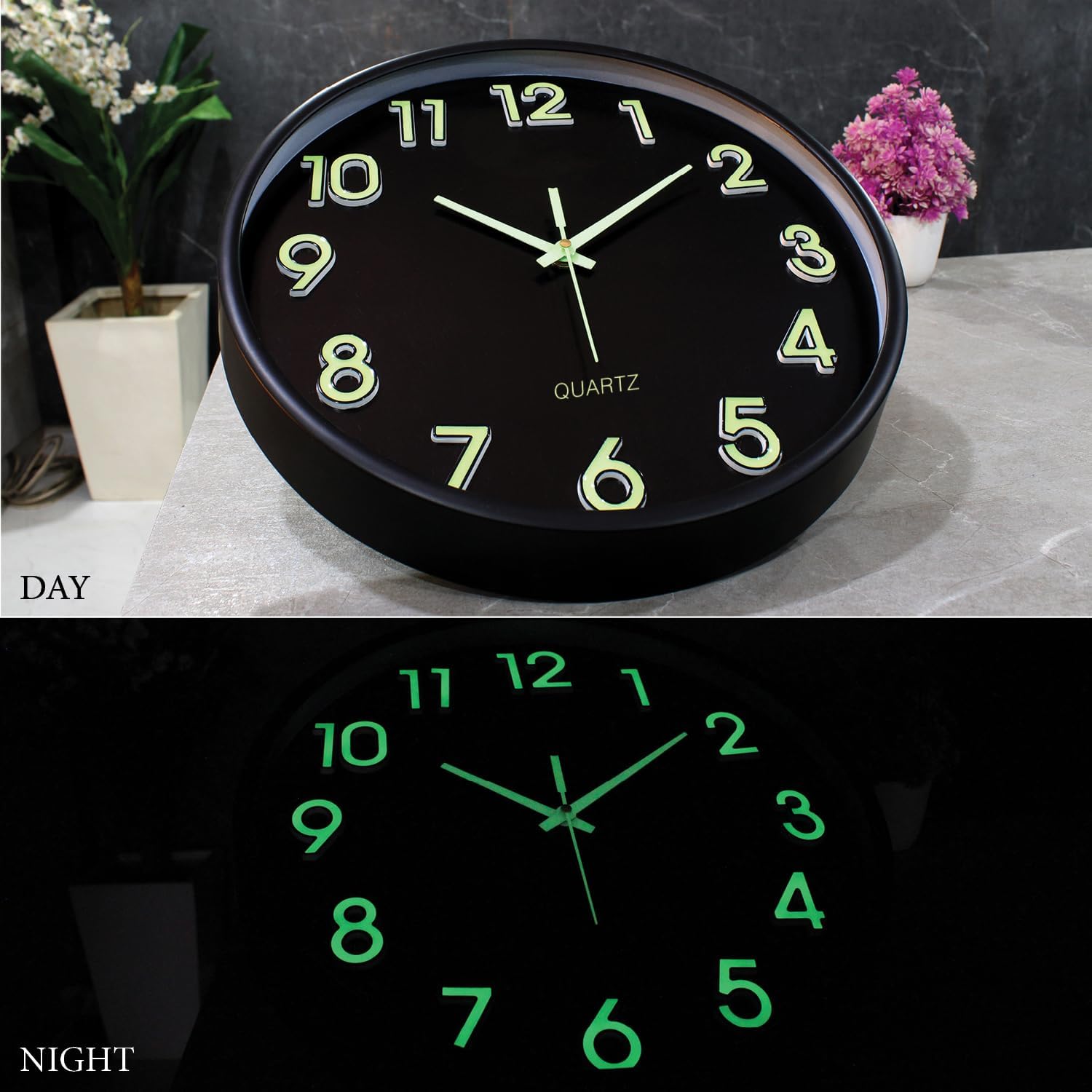 Amazon Brand- Solimo 12-Inch Analog Wall Clock – Luminous Night Glow-in-the-Dark Design, Radium Dial, Silent Non-Ticking Sweep 4