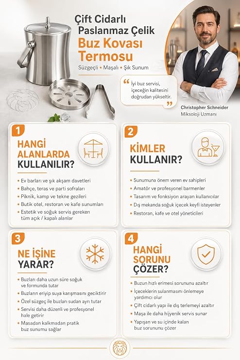 Transformacion Çift Cidarlı Isı Yalıtımlı Buz Kovası Termosu 1.3 L - Premium 304 Paslanmaz Çelik Süzgeçli ve Maşalı Profesyonel Bar ve Ev Tipi Endüstriyel Kumlama Lüks Buzluk 723393