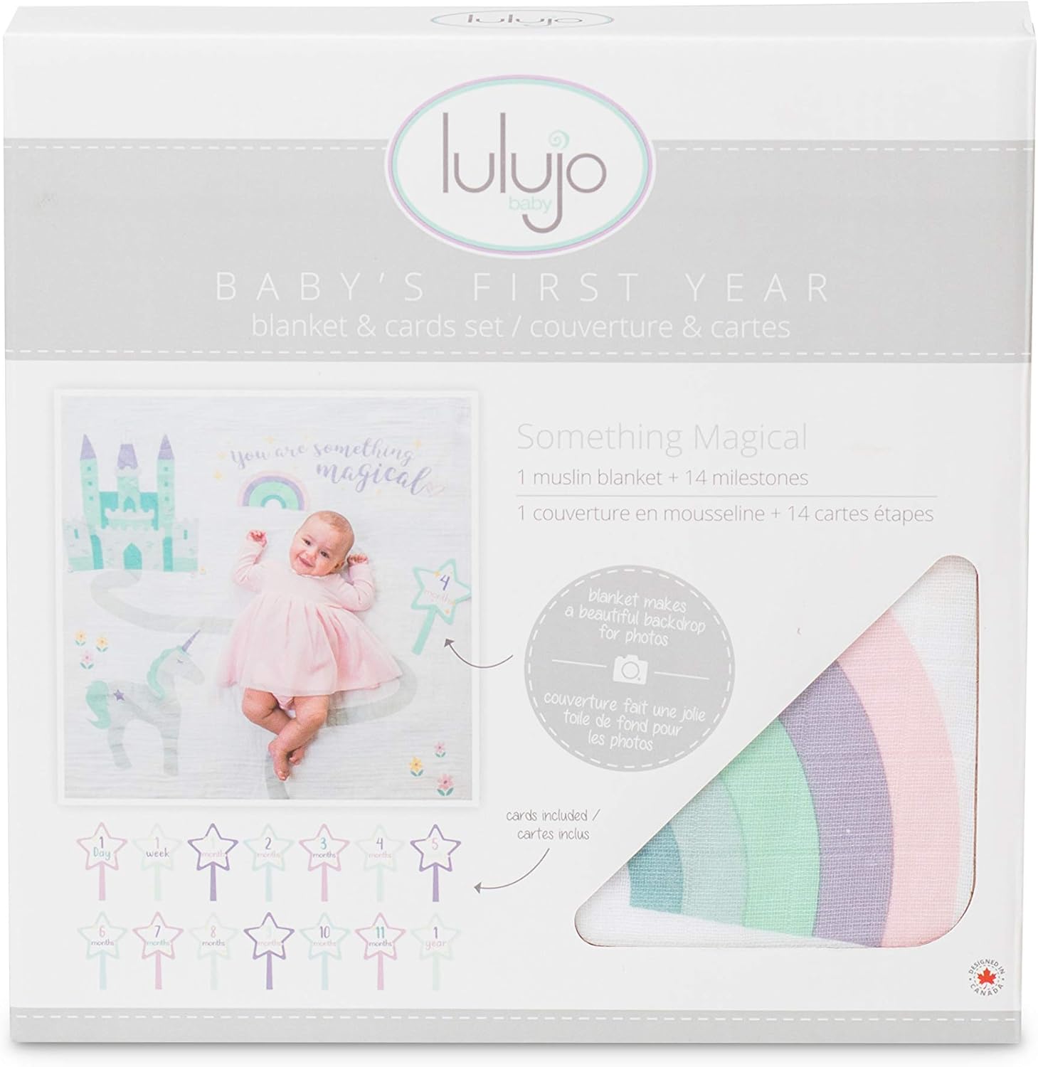 Lulujo Baby’s First Year Milestone Blanket and Card Set | 40in x 40in (Something Magical)