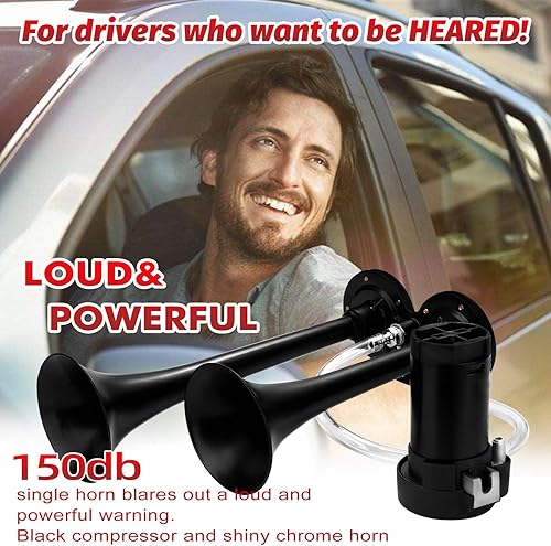 Miniatura 7 de Kit de bocina de aire de trompeta doble súper fuerte de 150 db con compresor para vehículos, camiones, trenes, barcos - 12 V, negro