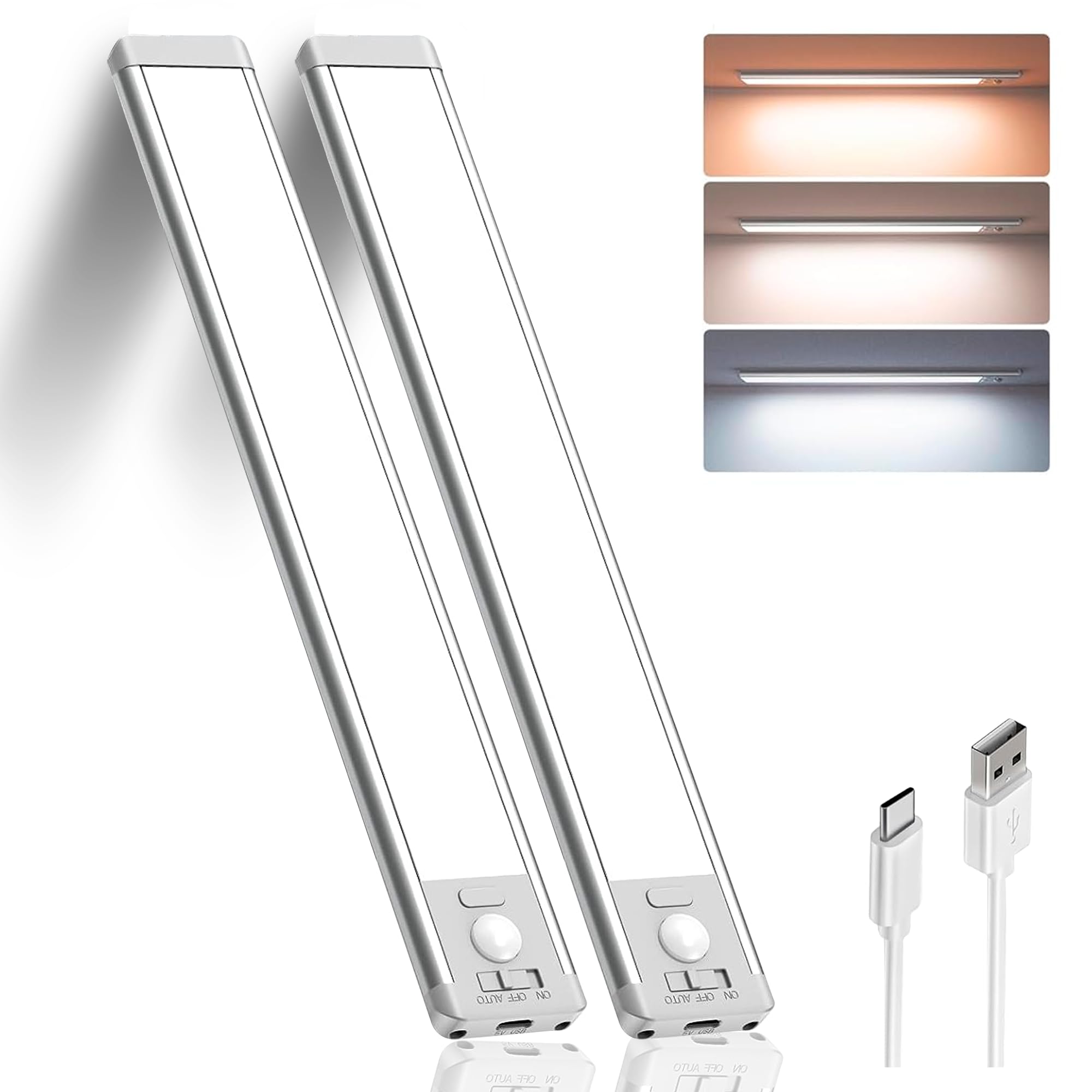 2 Pack LED Motion Sensor Light Indoor, Magnetic Wireless Sensored Lights for Cupboard, Closet, USB Rechargeable Under Cabinet Lighting