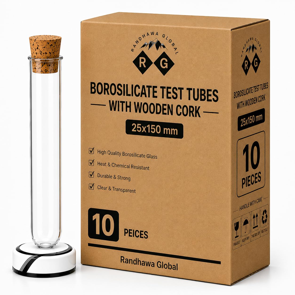 RG- Size 25 x150 mm., Round Base Test Tubes Without Marking with Cork Lid, Borosilicate Glass, Rimmed, Consistent Wall Thickness, Pack of 10-image-5