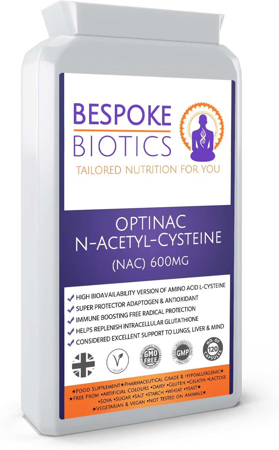 N-Acetyl-Cysteine 600mg (NAC) Liver Lung Skin Mind Support OPTINAC | Antioxidant Glutathione Precursor | UK Made | Vegan | 120 Caps