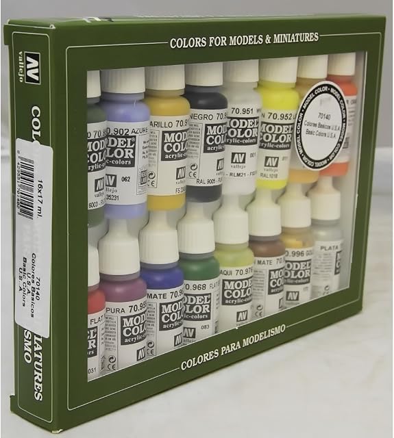 Vallejo 70140 - Vallejo Model Colour Basic Colors USA Acrylic Paint Set - 16 x Assorted 17millimeter Colour