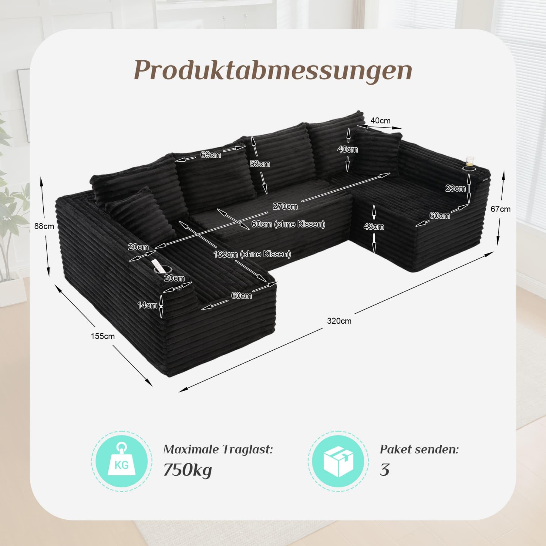 YEHTOKHOME Sofá moderno de pana en forma de U con portavasos y bolsillos laterales, sofá modular con 4 cojines de respaldo y 2 cojines decorativos, para salón (Negro)