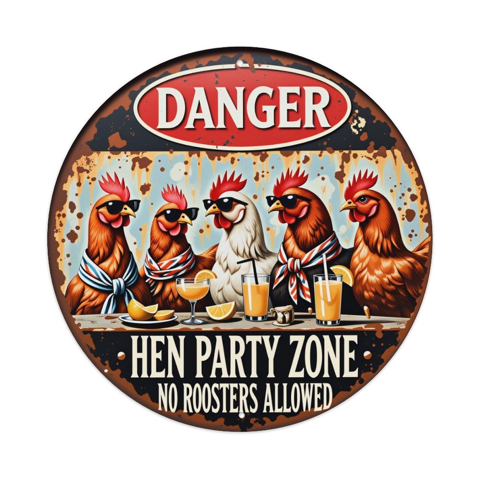 Danger Hen Party Zone No Roosters Allowed Metal Tin Sign Vintage Garden Bedroom Cafe Bar Man Cave Home Wall Decor Metal Poster 8x8 inches