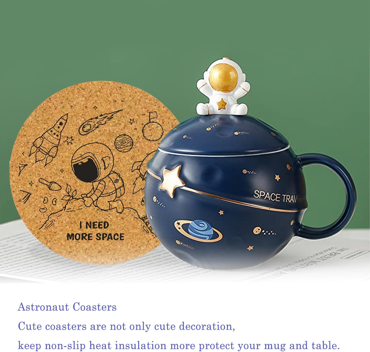 Kawaii Astronaut Cup Space Embossed Planet Mug, Cute Ceramic Coffee Mug, Novelty Mug with Lid and Spoon for Coffee, Tea, Milk, Aesthetic Room Decor Funny Gift for Girl Boy Women (Dark blue) - Image 2