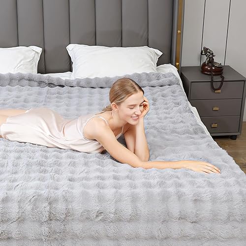 Miniatura 5 de MAOZAN Manta de piel sintética de conejo súper suave, manta de forro polar esponjosa, gruesa, cálida, esponjosa, elegante, suave, reversible, manta