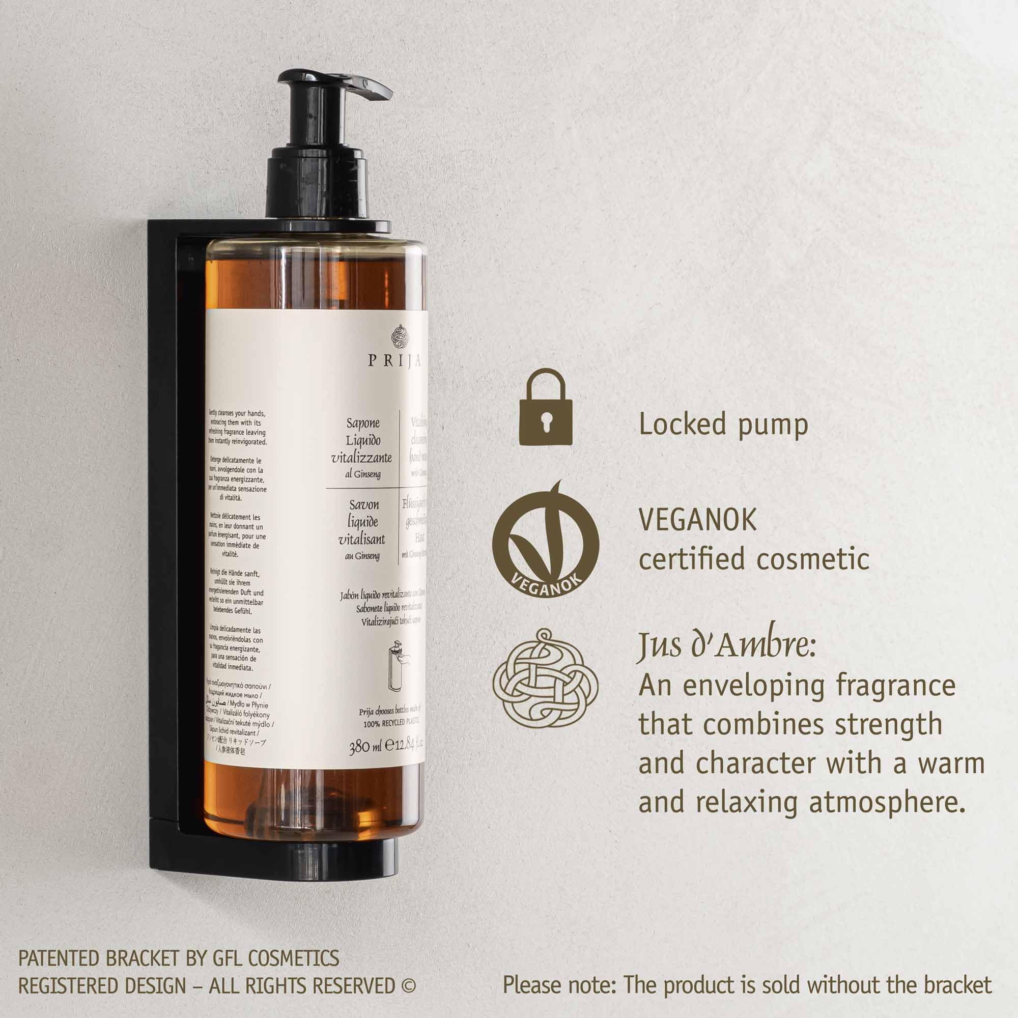 PRIJA Jabón líquido con ginseng 18 x 380 ml botella dispensadora de jabón de manos revitalizante hoteles