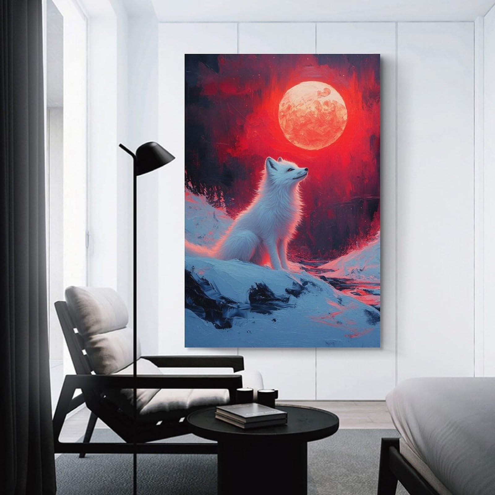 Junmoney Canvas Art Print White Fox Under Red Moon, 12x18inch(30x45cm), for Office, Study Or Home Workspace, Home Office Artwork with Decorative Appeal