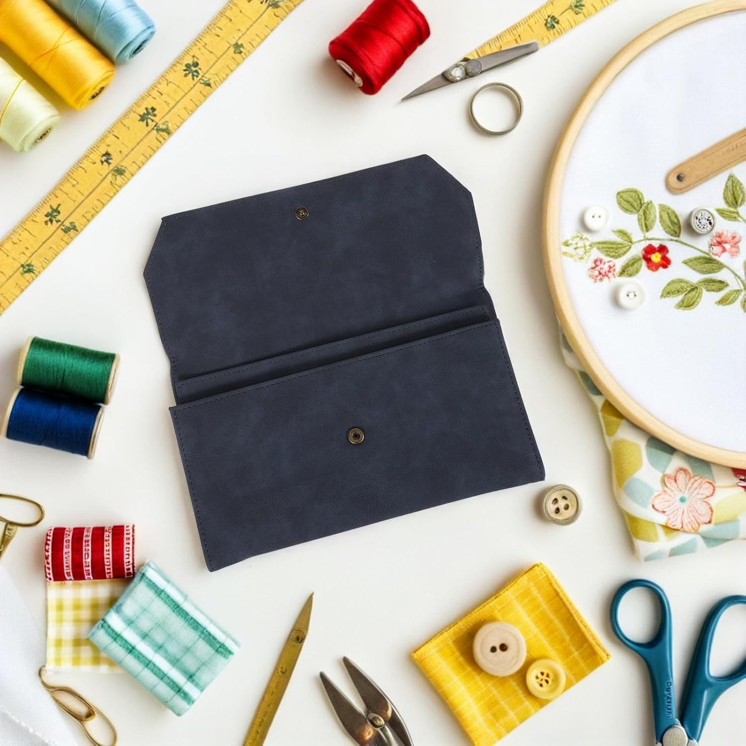 Gadpiparty Portable Circular Knitting Needle Storage Bag with 13 Elastic Slots and Snap Button Closure, Pu Leather Organizer for Sewing Needles and Knitting Accessories, for Traveling