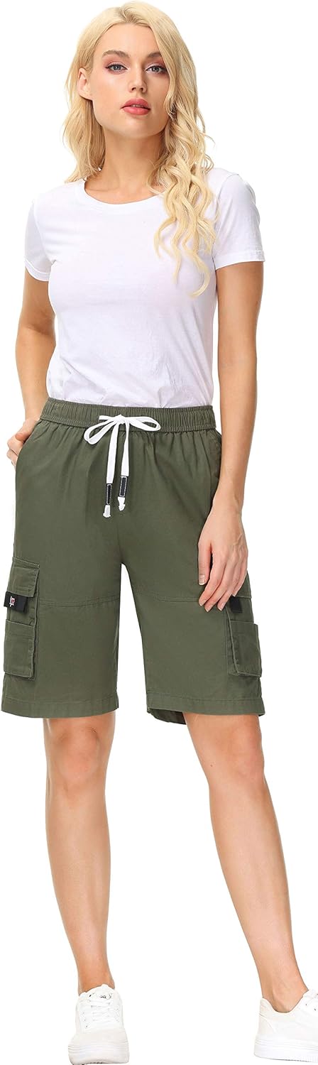 HOW'ON Women's Casual Loose Fit Twill Bermuda Cargo Shorts Multi Pocket Straight Shorts - Image 6