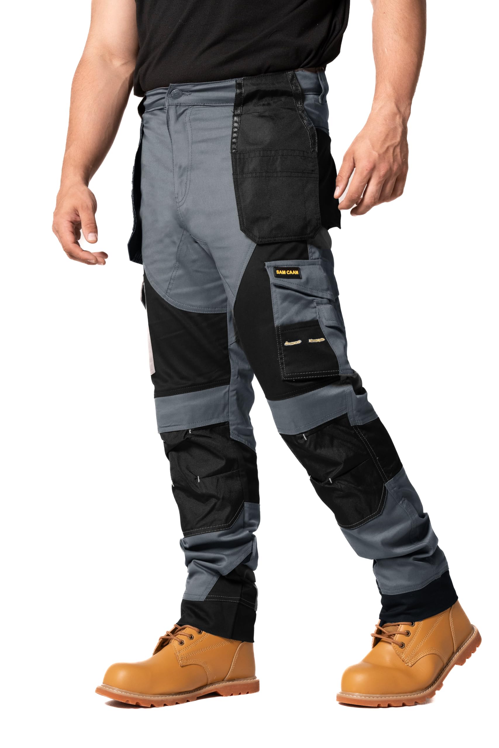 Sam Caan® Mens Work Trousers Workwear Safety Trouser Holster Pockets Cargo Working Pants for Men Grey-Black