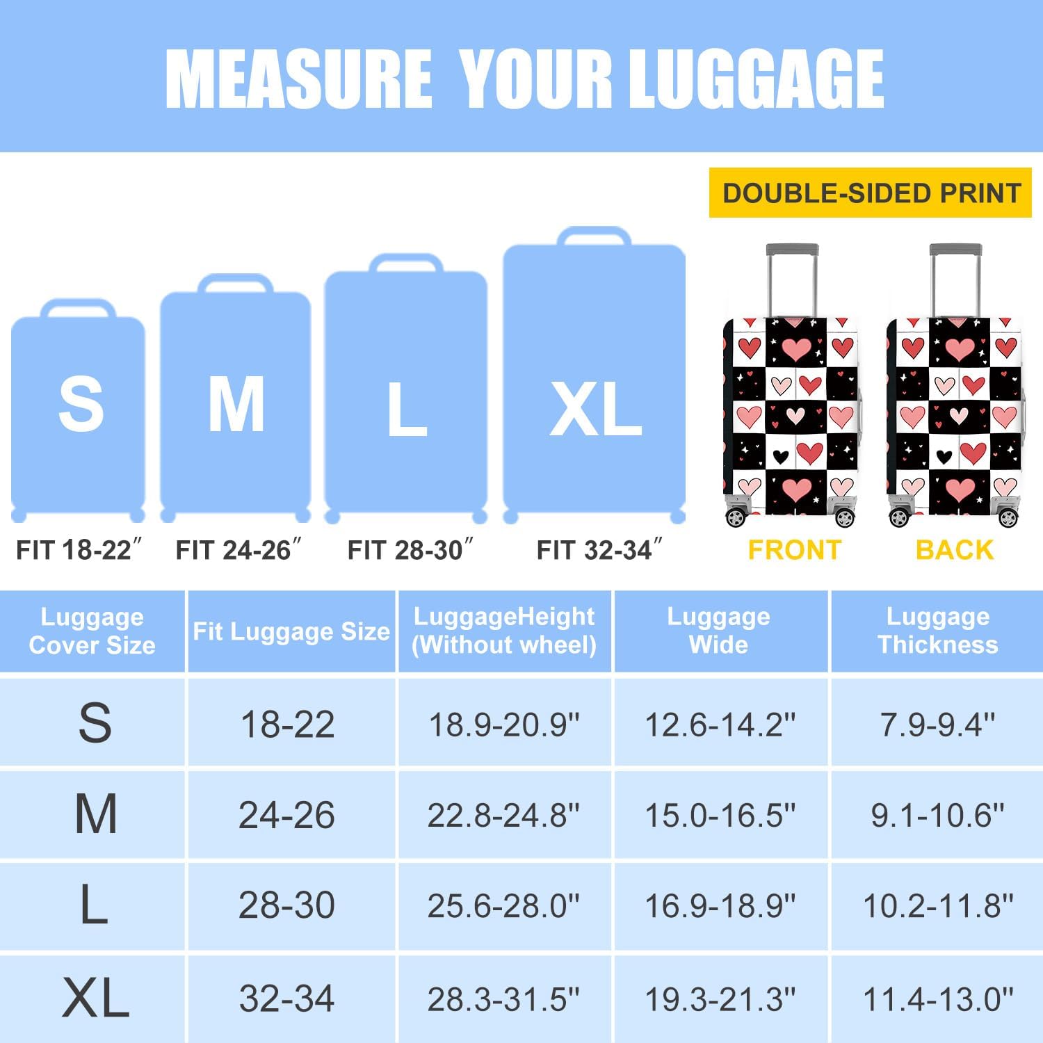 Heart Pattern Luggage Cover – Elastic Suitcase Protector with Black & White Grid Design – Stylish Washable Travel Sleeve Fits 32-34 Inch Checked & Carry-On Luggage, XL