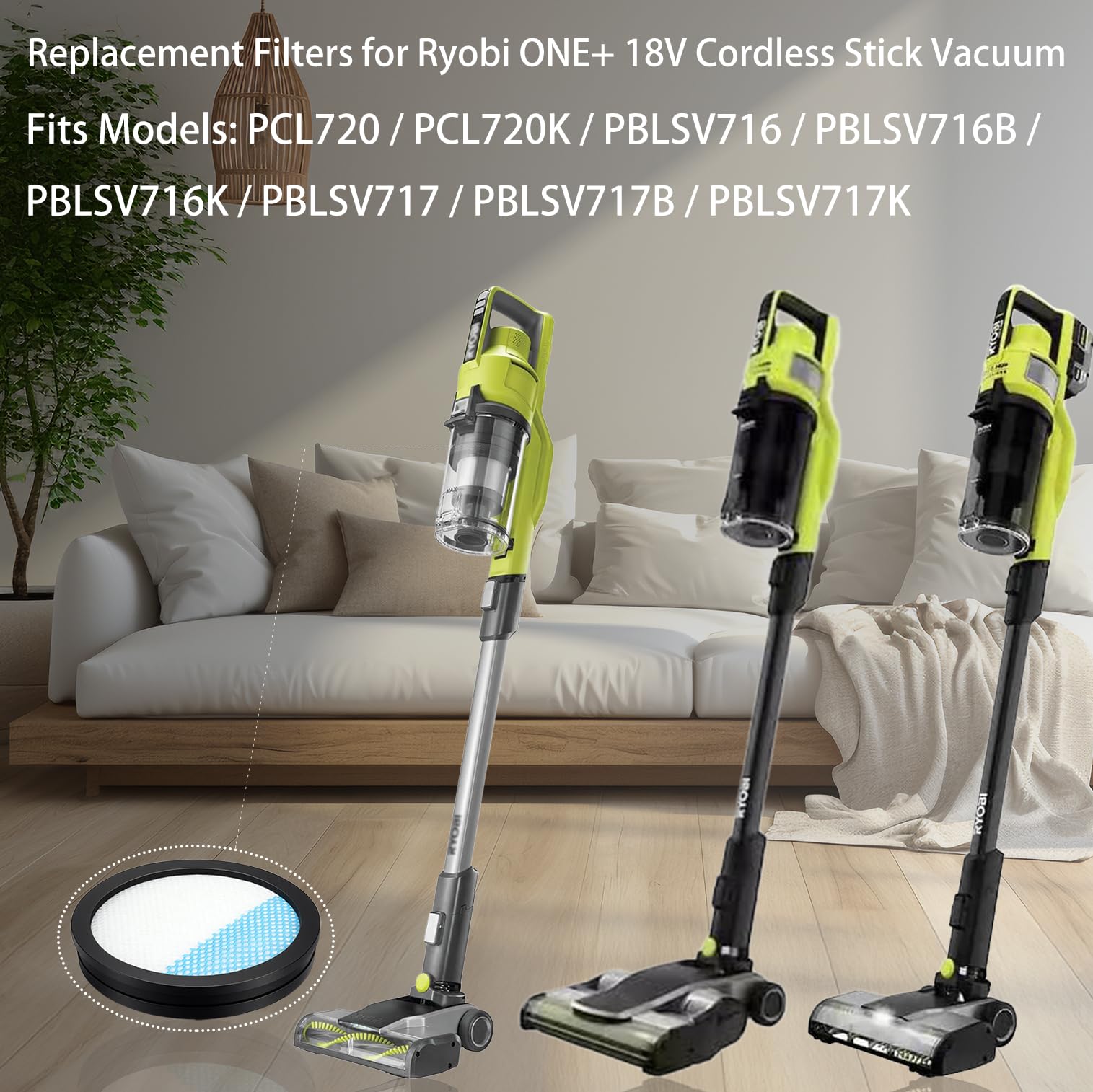 4er-Pack PCL720 Filter Ersatz für Ryobi ONE+ 18 V schnurlosen Stabstaubsauger PBLSV716K PBLSV716B PBLSV717K & PBLSV717B