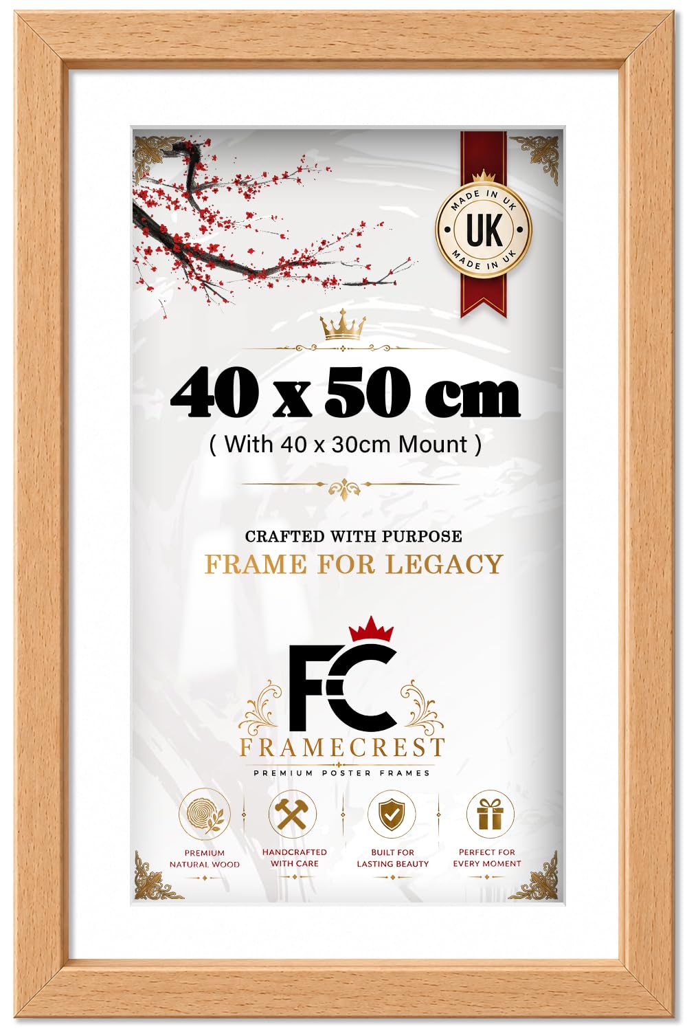 FRAMECREST LTD 40 X 50 CM Picture Frame With 40 X 30 CM White Mount, Engineered Wood Finish | 40x50cm Poster Frame For Prints And Wall Display — Gallery Wall 40x50 Home Office - [Beech]