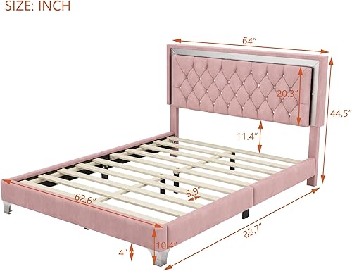 Miniatura 2 de Harper & Bright Designs Base de cama de terciopelo tamaño Queen con cabecera capitonada de cristal, cama de plataforma de madera tamaño Queen con