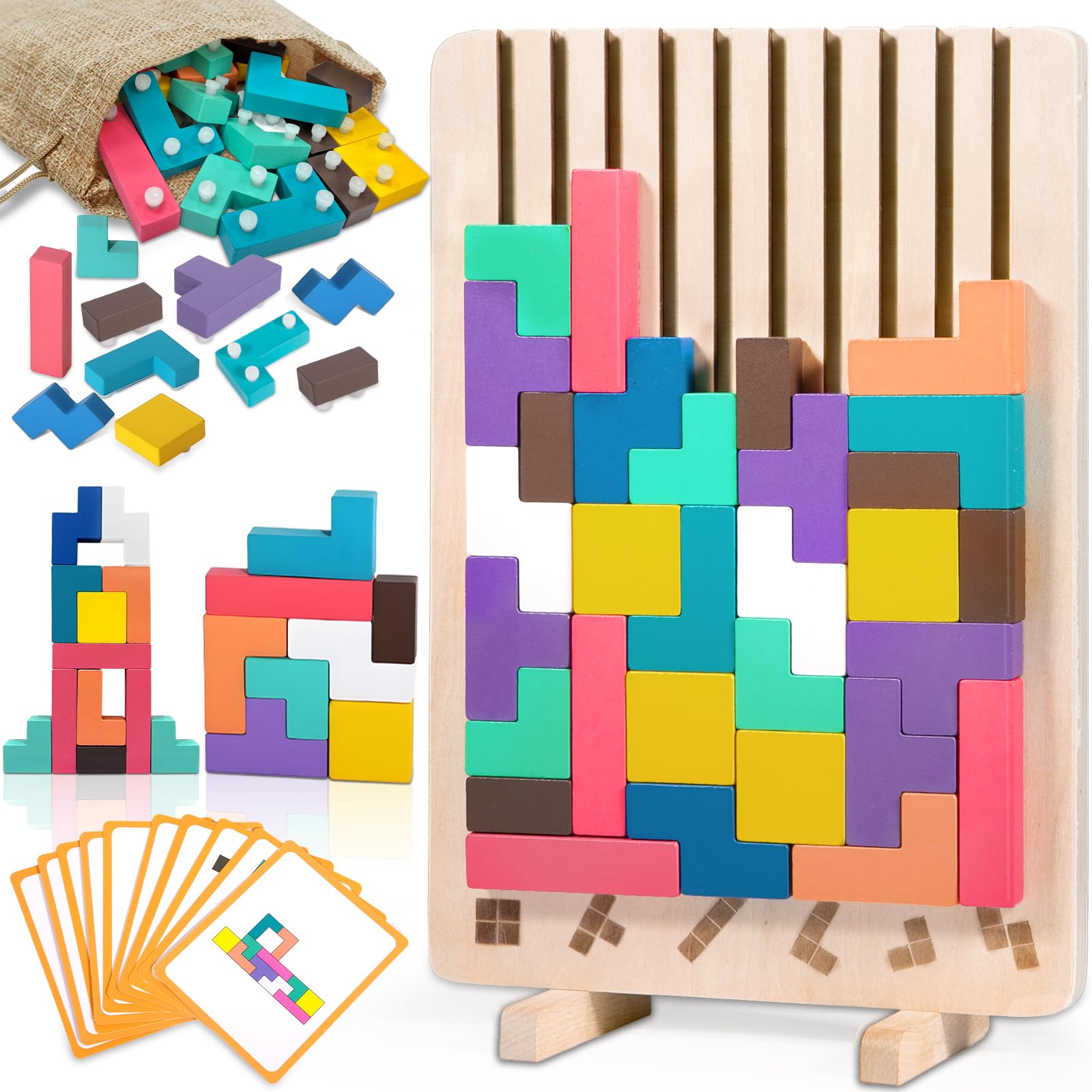 ZLPBAO Puzzle de Madera Tetris con 10 Tarjetas y Bolsa de Almacenamiento, Rompecabezas Niños, Tetris Puzzle 3D Madera,Juguetes Sensoriales, Juegos Montessori 3 4 5 6 Años