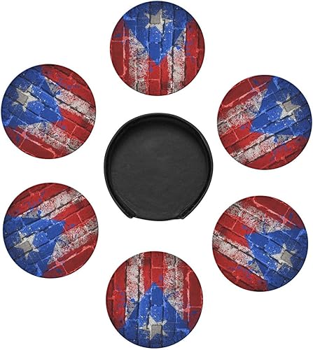 Miniatura 10 de Paquete de 6 posavasos con bandera de Puerto Rico para bebidas con soporte, divertidos posavasos de cuero retro impermeables antideslizantes para