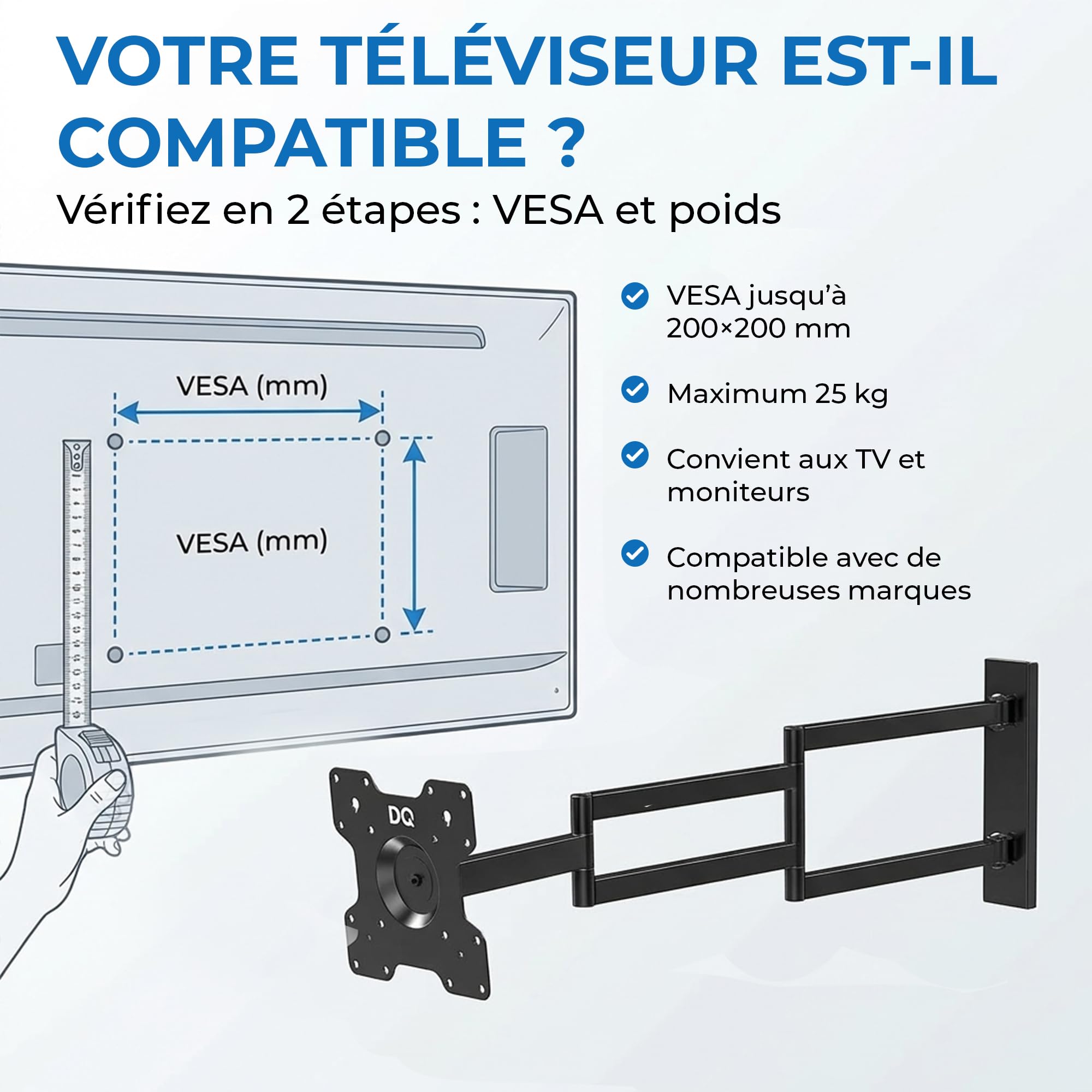 Rotate XL - Support Mural TV - 25 kg - VESA 200x200 - Fixation Murale TV de 24 Pouces à 55 Pouces
