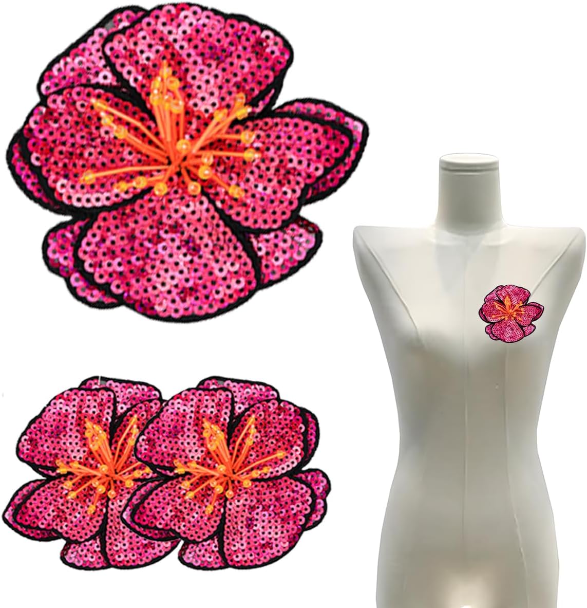 3Pcs Flower Applique Patches DIY Flower 3D Beaded Cloth Patches Red Handmade Embroidered Sequins Appliques for Clothes Dress Patch Decoration