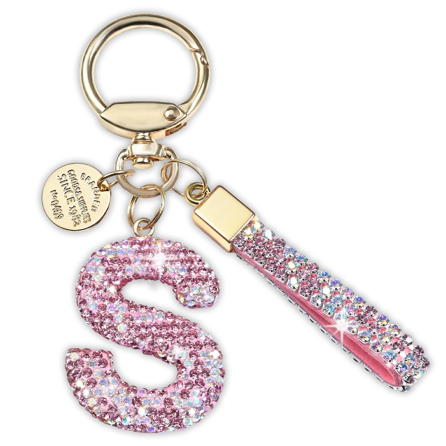 Cumnvulnt Pink Bling Initial Letter Keychain for Women Girls, Sparkly S Keychain with Wristlet and Key Ring Backpack Car Key Accessories