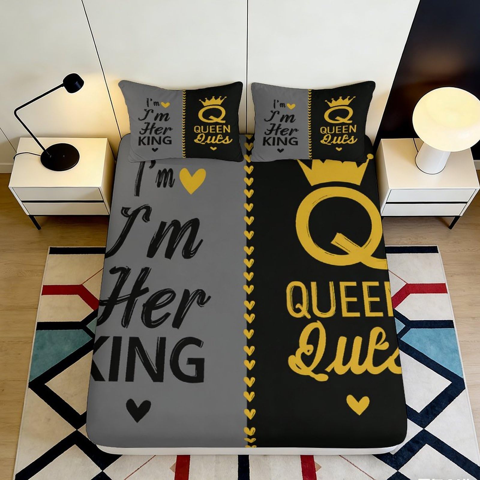 3D Printed King and Queen Pattern Fitted Sheet Microfiber Soft Breathable Couple Design Mattress Cover for Bedroom Dormitory Guest Room Protection 140x200x25cm