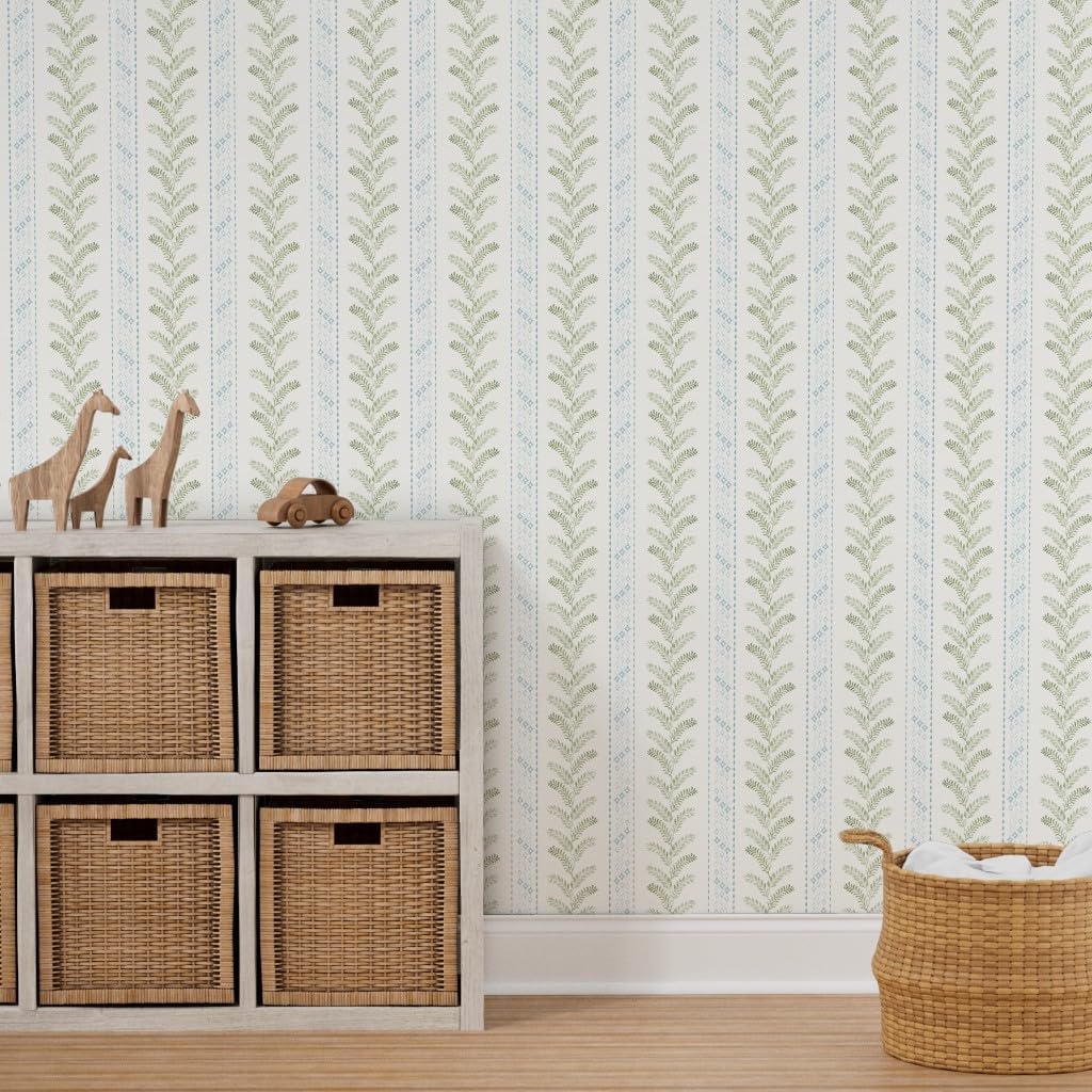 Peel & Stick Wallpaper 3ft x 2ft - Leaves and Stripes,sage Green Blue,French Country,Vintage,Modern Farmhouse,Cottage,Watercolor Custom Removable Wallpaper by Spoonflower