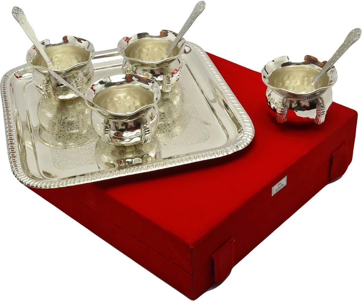 SE Luxury Silver Plated Handi Shaped Bowl Set with Tray and Spoons, 4 Bowls with Serving Tray