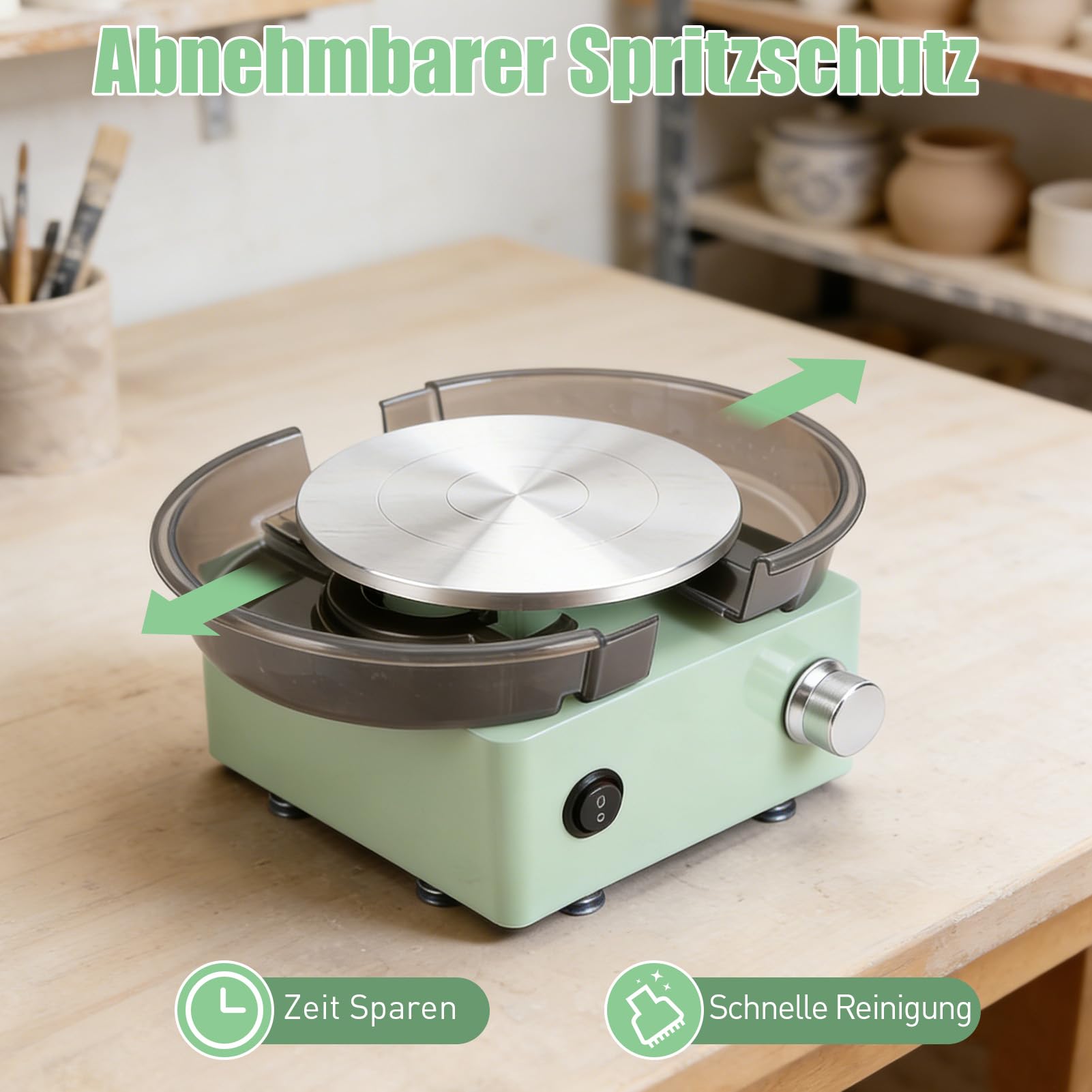 Mini Töpferscheiben Set, Töpferei DIY Maschine mit 15cm Drehscheibe, 2 Wege Rotation, Rutschfeste Basis, Metallrahmen, abnehmbarem Spritzschutz und Töpferwerkzeug Set für Anfänger