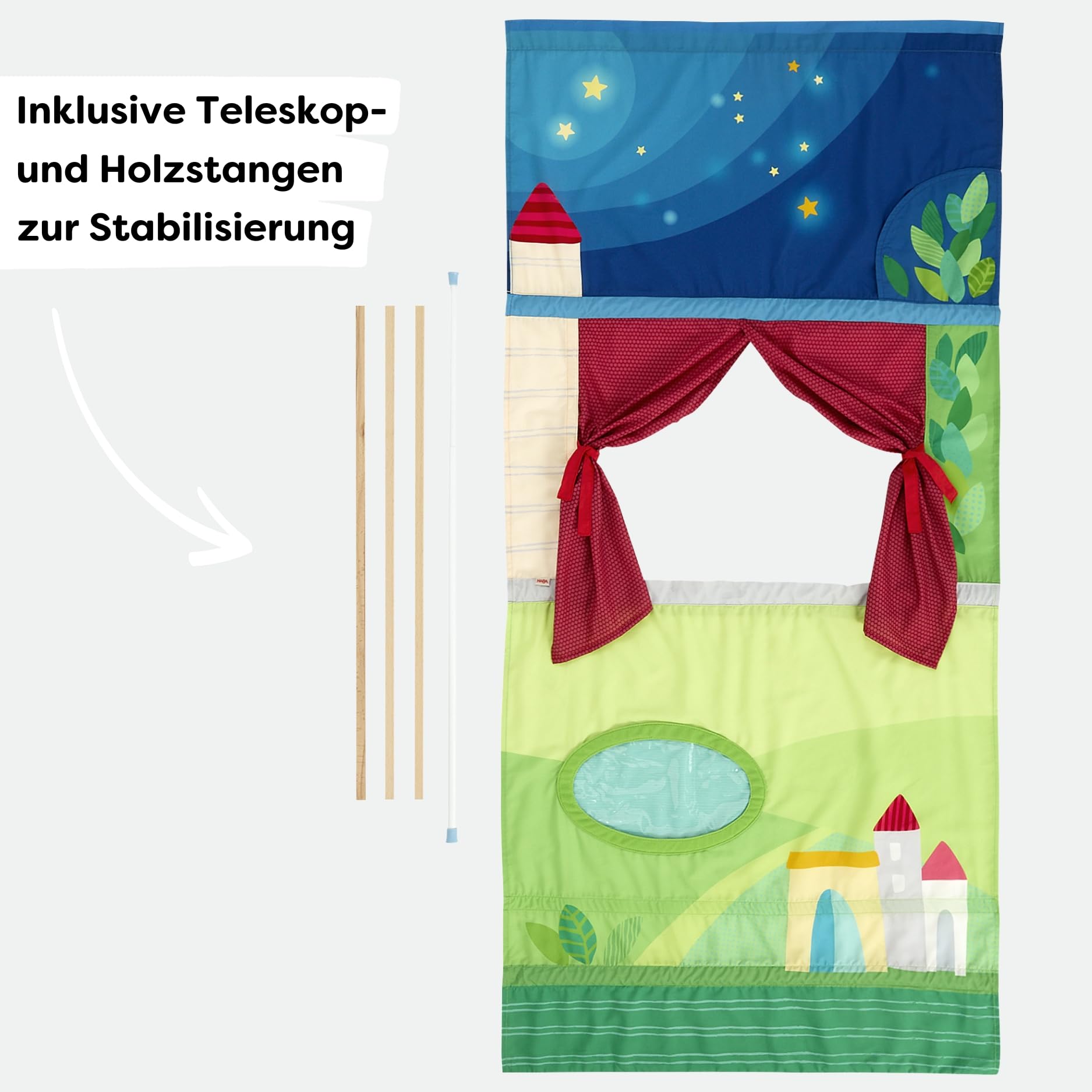HABA Türtheater – Flexibles Kasperletheater mit Teleskopstange, einfache Befestigung im Türrahmen, Puppentheater ab 3 Jahren – 2011845001