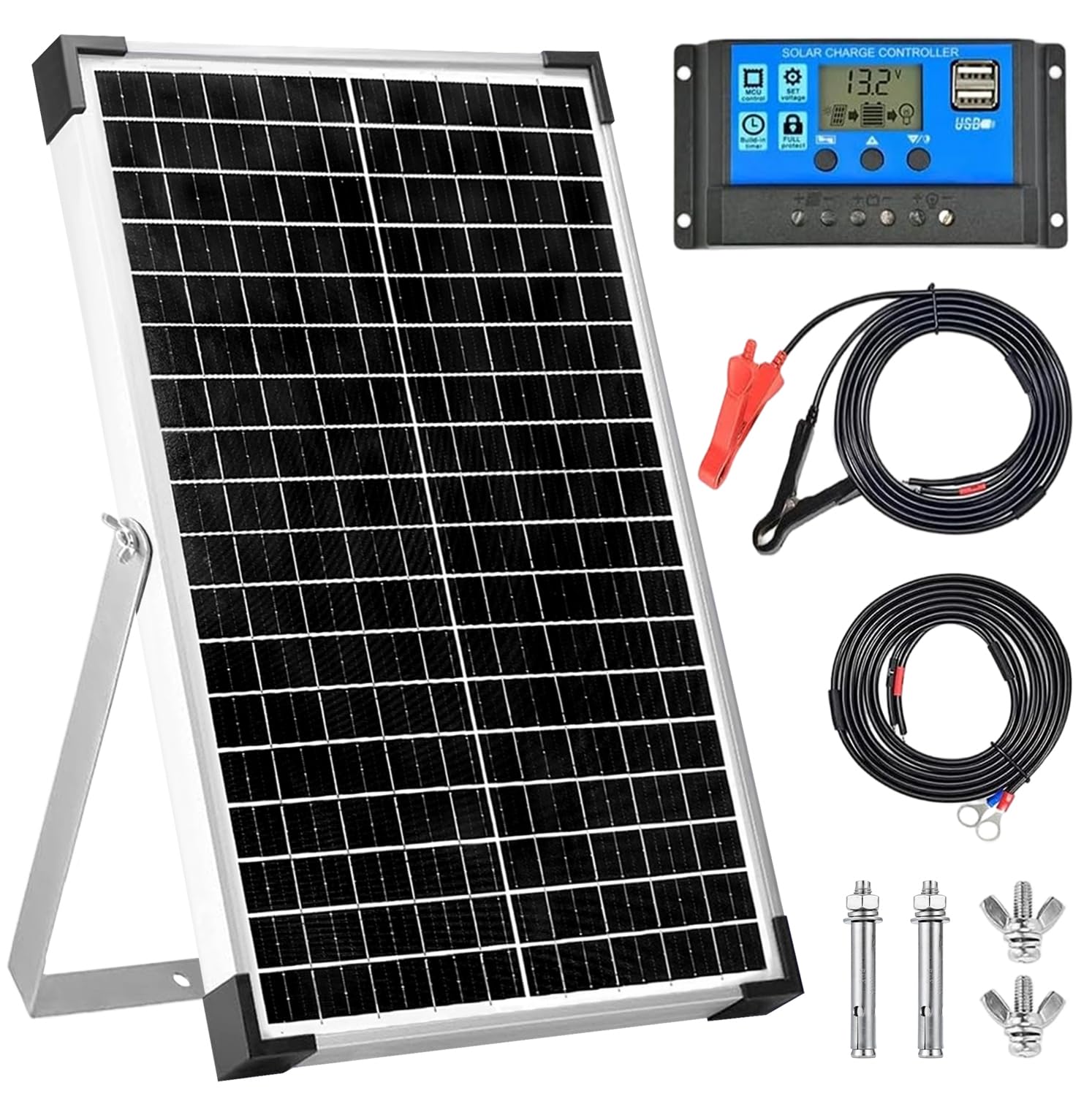 Kit pannello solare da 30 W, manutenzione batteria solare da 12 V + regolatore di carica PWM da 10 A + cavi di prolunga e staffa di montaggio regolabile