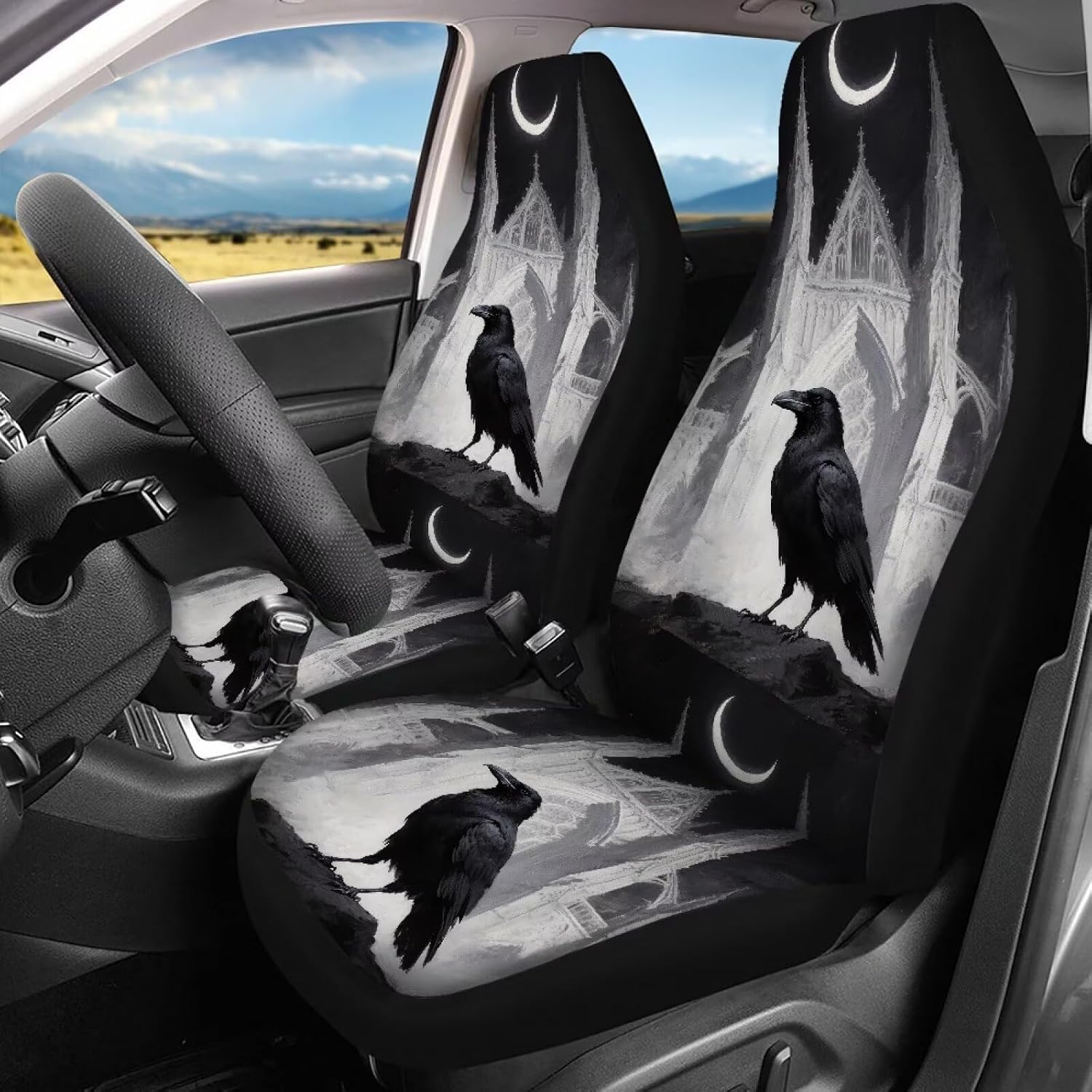 Raven Car Seat Covers Car Accessories for Women, Raven Crow Crescent Moon Auto Car Seat Covers Easy Install Automotive Seat Protectors, Gothic Castle Full Set Seat Cover