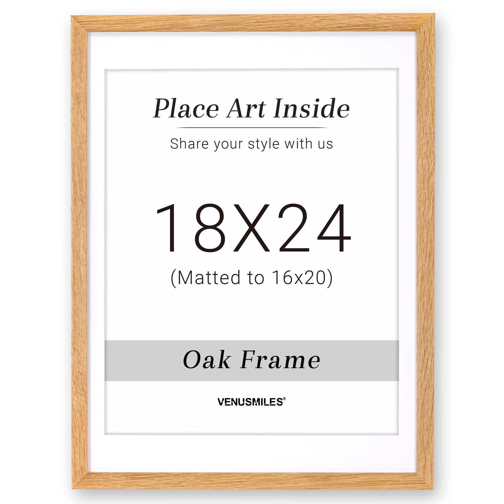 18x24 Oak Picture Frame with 16x20 White Mat, Tempered Glass, Natural Oak Wood Frame, Vertical and Horizontal Display for Wall and Table, Display Photos Arts Posters Certificates, Set of 1