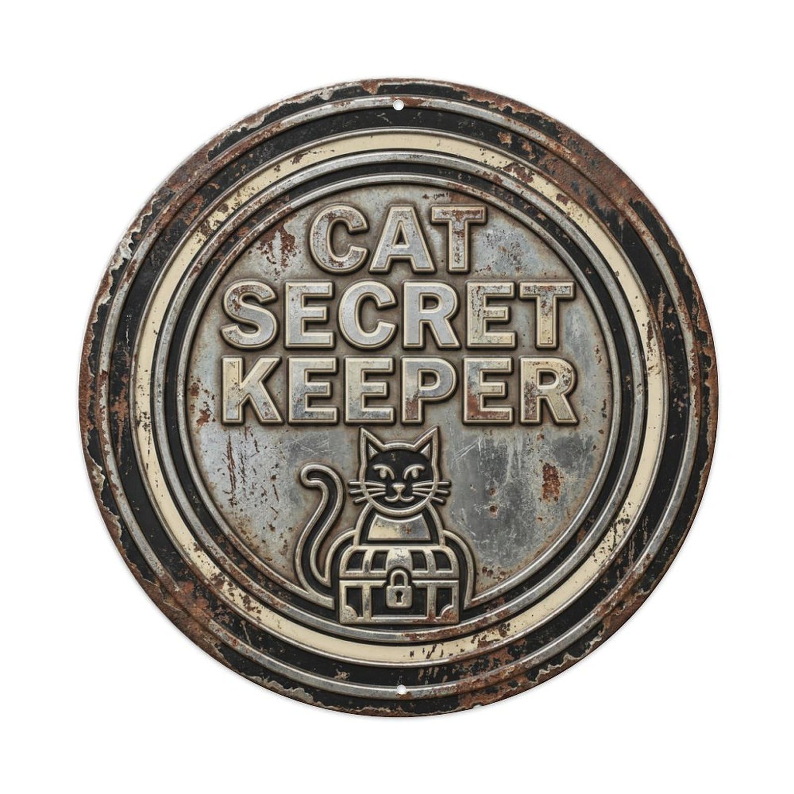 Vintage Cat Secret Keeper Purr Metal Tin Sign Plaque Wall Decor for Cafe, Club, Garden Round Metal Poster 8x8Inch