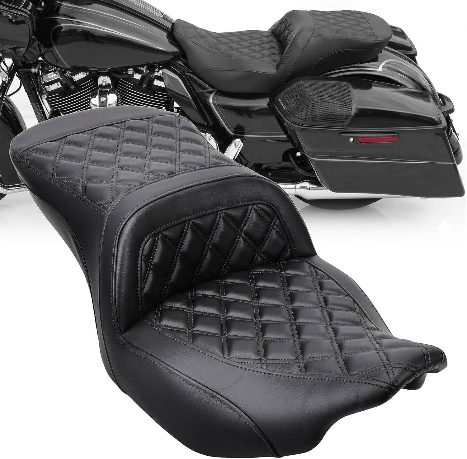 Low-Profile Rider Passenger Seat, Motorcycle 2-UP Gel Seat Fit for Harley Touring Road Glide/Street Glide/CVO Road Glide ST 2024-2026, CVO Road Glide/CVO Street Glide 2023-2026 (Black Rhombus)