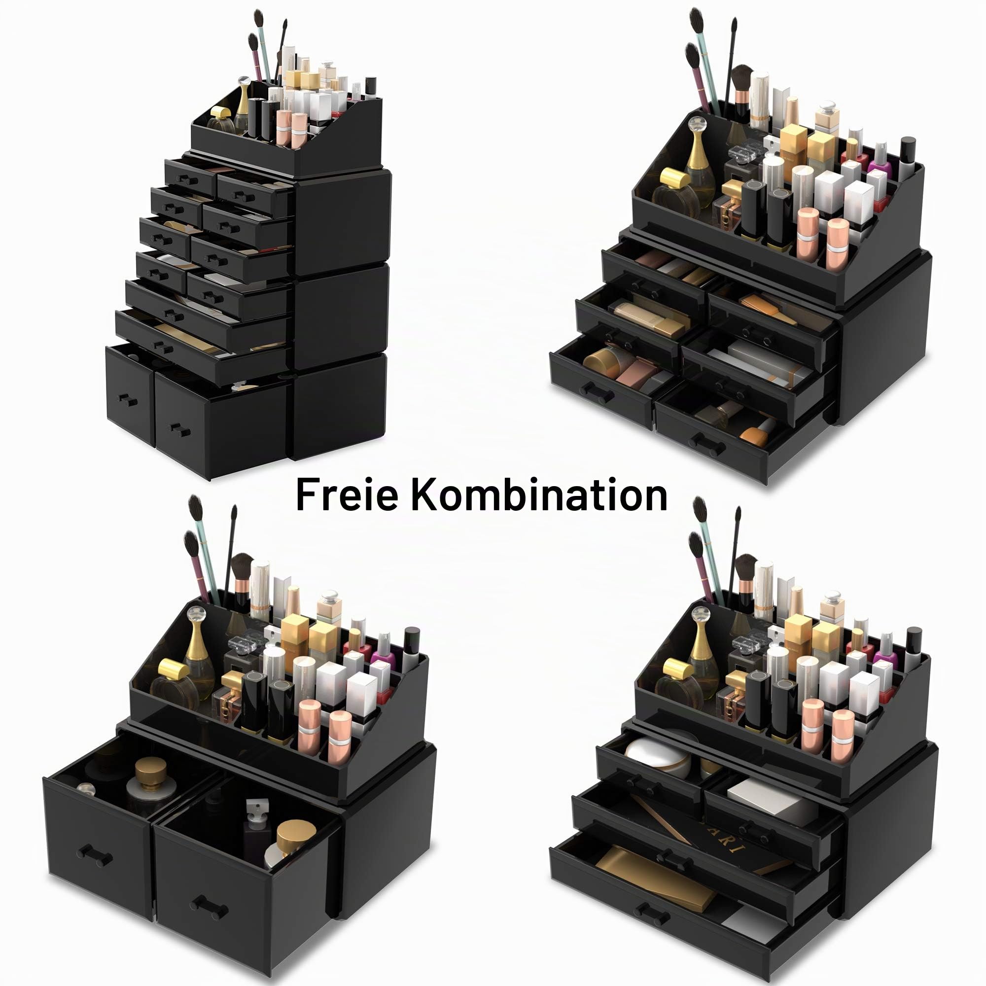 Readaeer Makeup Organizer/Kosmetik Aufbewahrungsbox/Schmink Aufbewahrungskasten in 4 Lagen， ist für Schlafzimmer und Badzimmer geeignet (Schwarz)