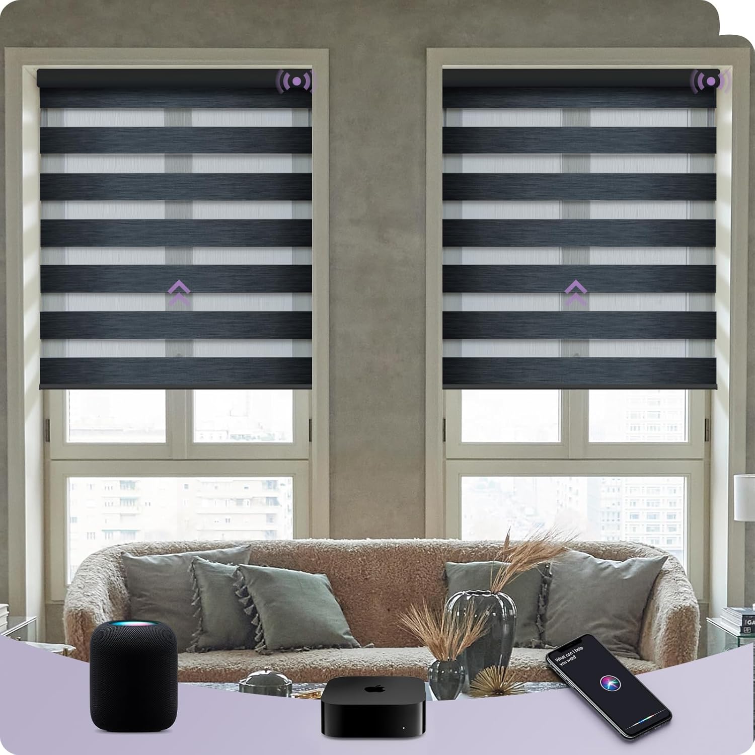 Graywind HomeKit Smart Zebra Blinds Eve Powered Siri Voice Home App Rechargeable Motorized Dual Layer Blinds Privacy Light Control, Custom Size (Charcoal)